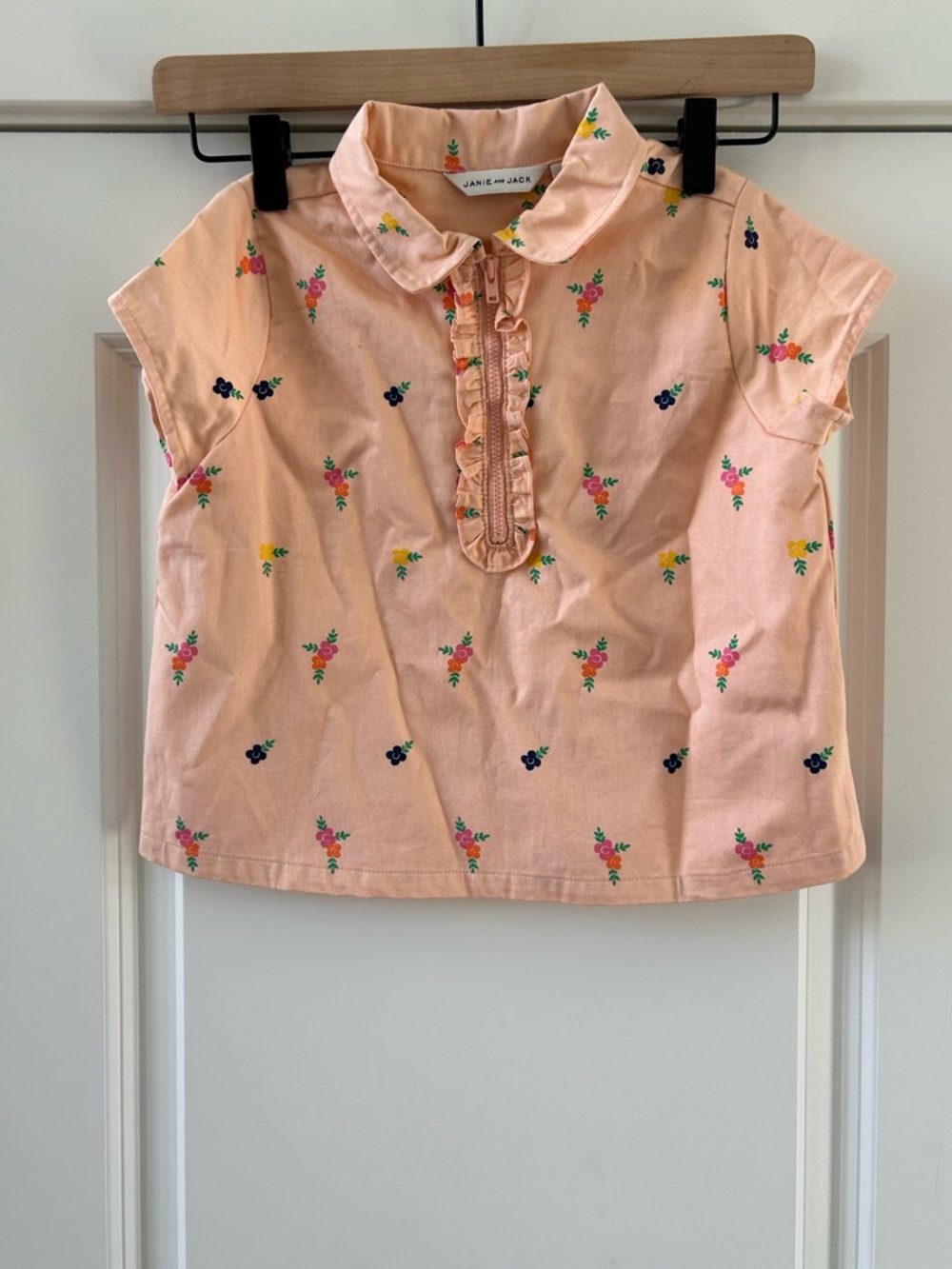 Janie and Jack Girls Peach Floral Collared Top Size 10 Ruffle Zip Front